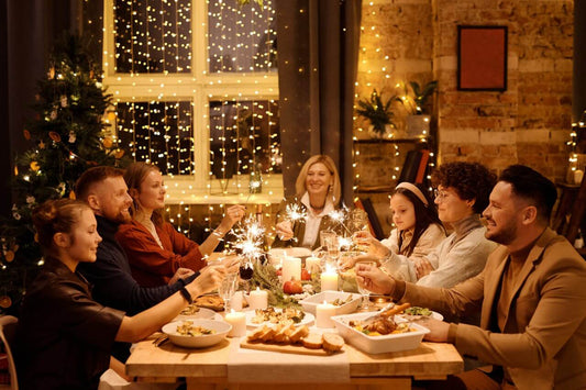 A family celebrating Christmas at dinnertime