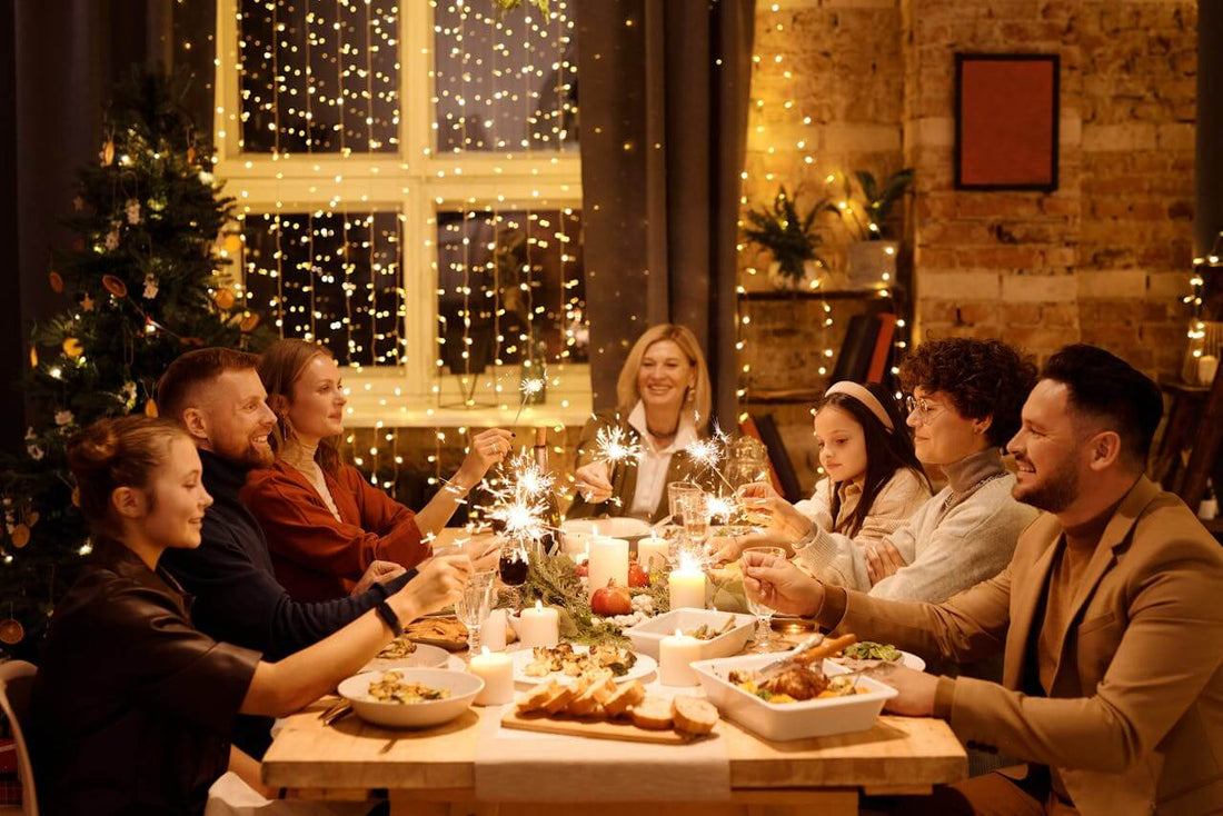 A family celebrating Christmas at dinnertime