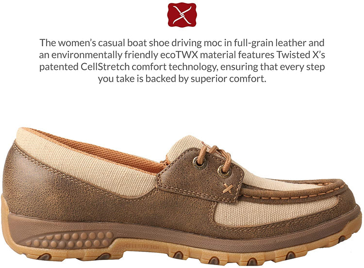 Twisted X Women's Boat Shoe Driving Moc with CellStretch, Bomber/Khaki, 6(M)